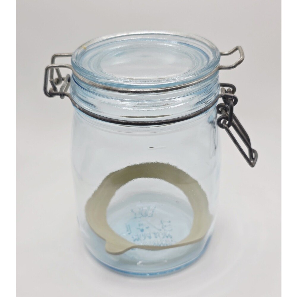 Vintage Blue Clear Glass Sealable Jar with wire-bail swing clamp lid and Gasket